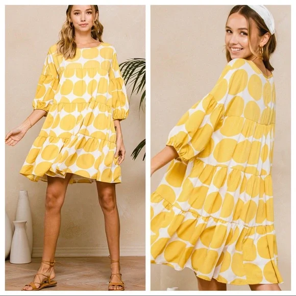 14 Boho Large Polka Dot Print Quarter Sleeve Swing Dress - Picture 3 of 6